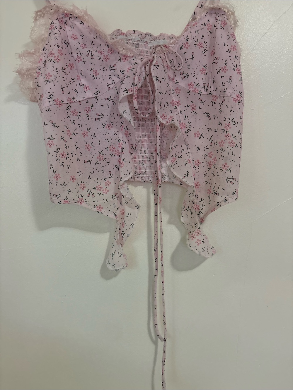 Floral Lace Trim Tie Front Cami Crop Top Fairy Coquette Balletcore S - Picture 5 of 12